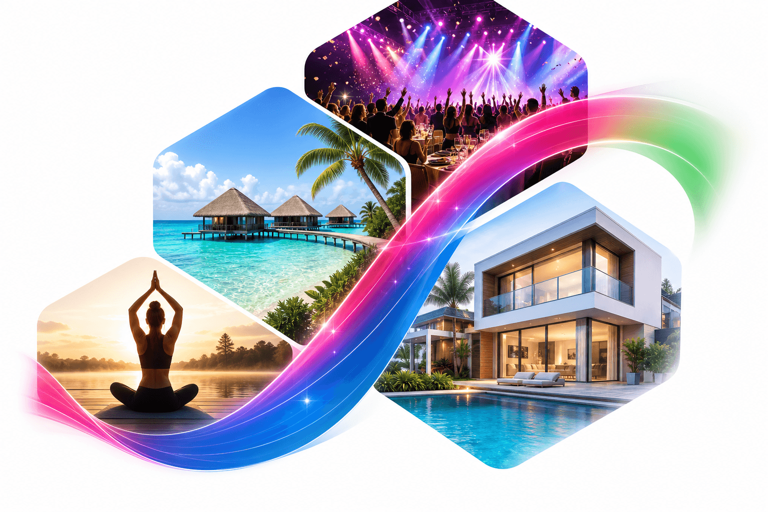 Corporate events, luxury travel, wellness, real estate, and brand strategy collage